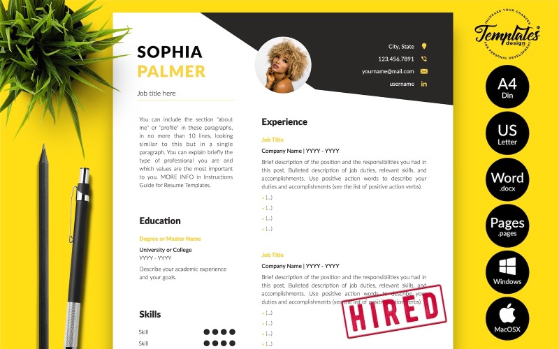 Sophia Palmer - Modèle de CV moderne avec lettre de motivation pour les pages Microsoft Word et iWork