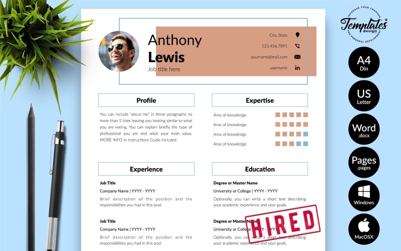 Anthony Lewis – Šablona životopisu kreativního životopisu s průvodním dopisem pro stránky Microsoft Word a iWork
