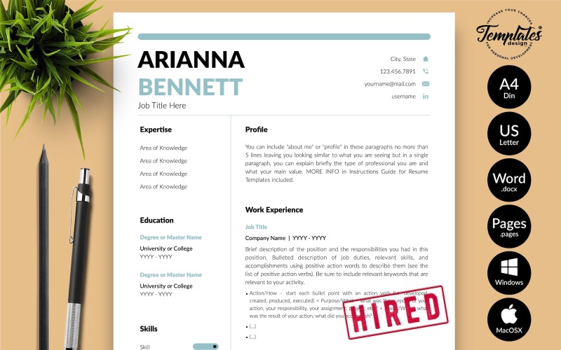 Arianna Bennett - Enkel CV-mall med följebrev för Microsoft Word & iWork-sidor