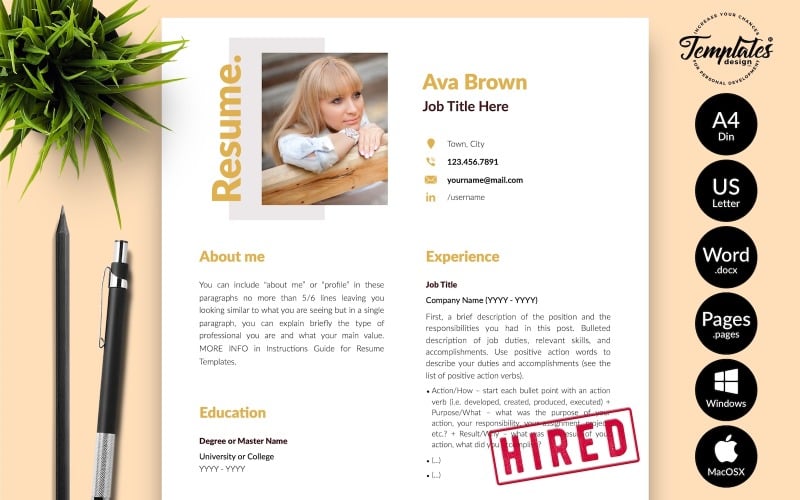 Ava Brown - Microsoft Word ve iWork Sayfaları için Kapak Mektubu ile Modern CV Özgeçmiş Şablonu