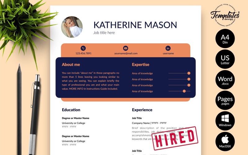 Katherine Mason - Modèle de CV créatif avec lettre de motivation pour les pages Microsoft Word et iWork