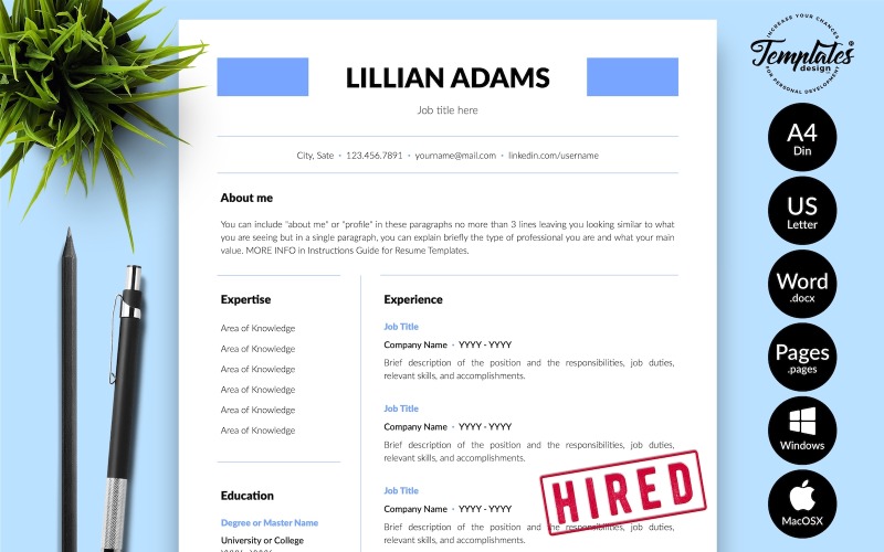 Lillian Adams - Microsoft Word ve iWork Sayfaları için Kapak Mektubu ile Temiz Özgeçmiş Şablonu