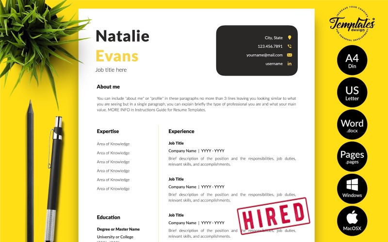 娜塔莉埃文斯-简单的简历模板与申请信的微软Word和iwork页面