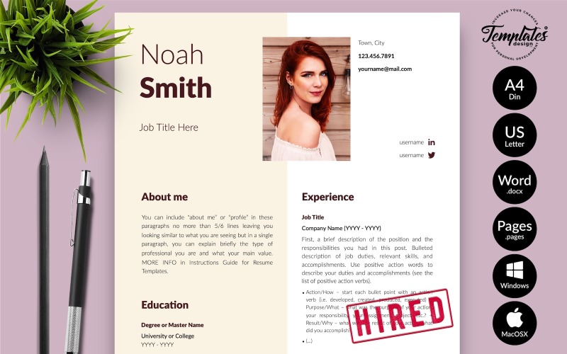 诺亚史密斯-创意简历模板与求职信微软Word & iWork页面