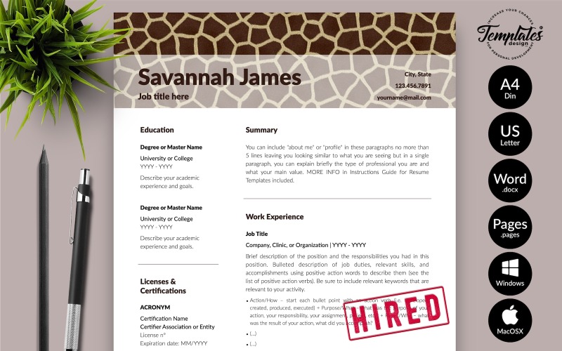 Savannah James - Modelo de currículo do Zookeeper com carta de apresentação para Microsoft Word e iWork Pages