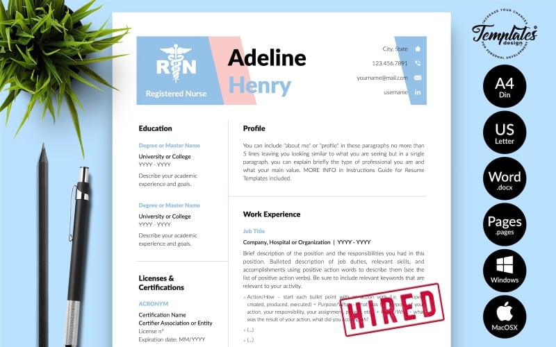 Adeline Henry -护士简历模板与申请微软Word和iwork页面