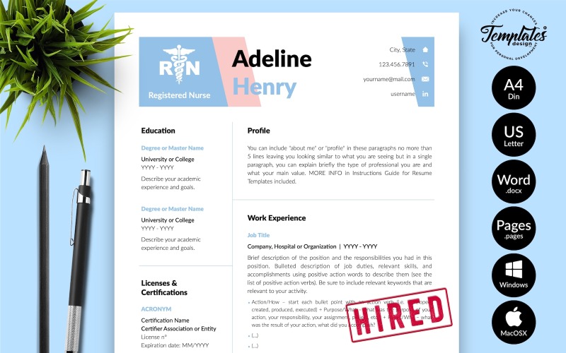 Adeline Henry - Nursing CV 重新开始 Template with Cover Letter for 微软文字处理软件 & iWork页面