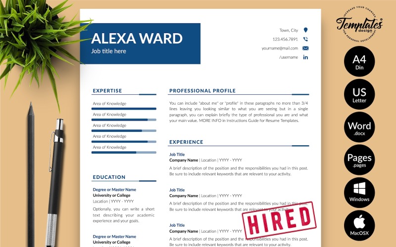 Alexa Ward -微软Word和iWork页面的简单简历模板和求职信