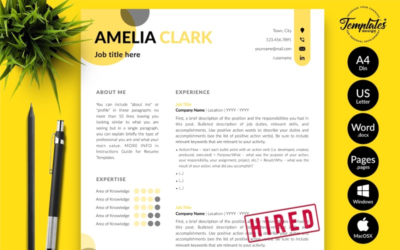 Amelia Clark - Kreative Lebenslauf-Vorlage mit Anschreiben für Microsoft Word- und iWork-Seiten
