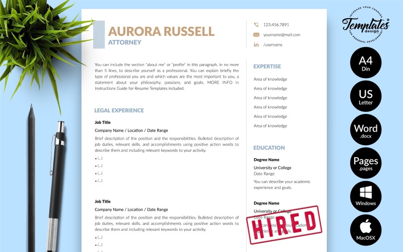 Aurora Russell – Ügyvédi önéletrajzi sablon kísérőlevéllel Microsoft Word és iWork oldalakhoz
