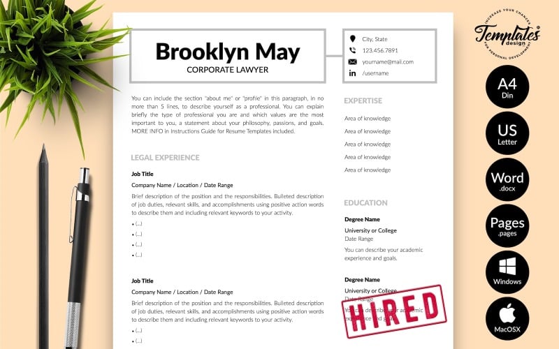 Brooklyn May - Lebenslauf-Vorlage für Unternehmensjuristen mit Anschreiben für Microsoft Word- und iWork-Seiten