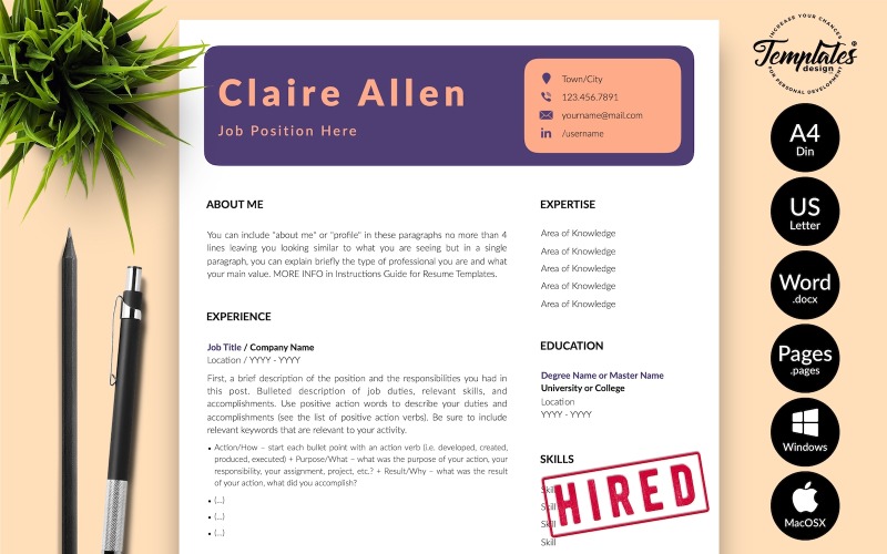 Claire Allen - Creatief CV-sjabloon met sollicitatiebrief voor Microsoft Word- en iWork-pagina's