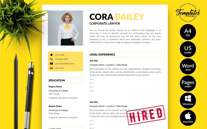 Cora Bailey - 带有 Microsoft Word 和 iWork 页面求职信的律师简历简历模板