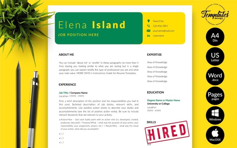 Elena Island - Kreativ CV-mall med personligt brev för Microsoft Word och iWork-sidor