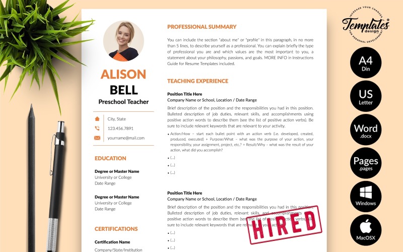 Элисон Белл - шаблон резюме учителя с сопроводительным письмом для Microsoft Word и iWork Pages