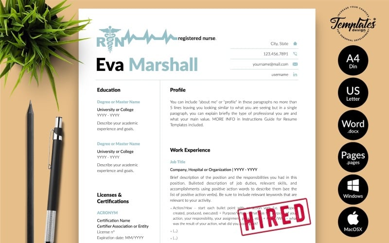Eva Marshall - Nurse CV 重新开始 Template with Cover Letter for 微软文字处理软件 & iWork页面