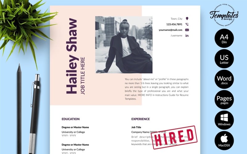 Hailey Shaw - Moderne CV-sjabloon met sollicitatiebrief voor Microsoft Word- en iWork-pagina's