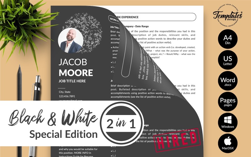Jacob Moore – Kreatív önéletrajz-sablon motivációs levéllel Microsoft Word és iWork oldalakhoz