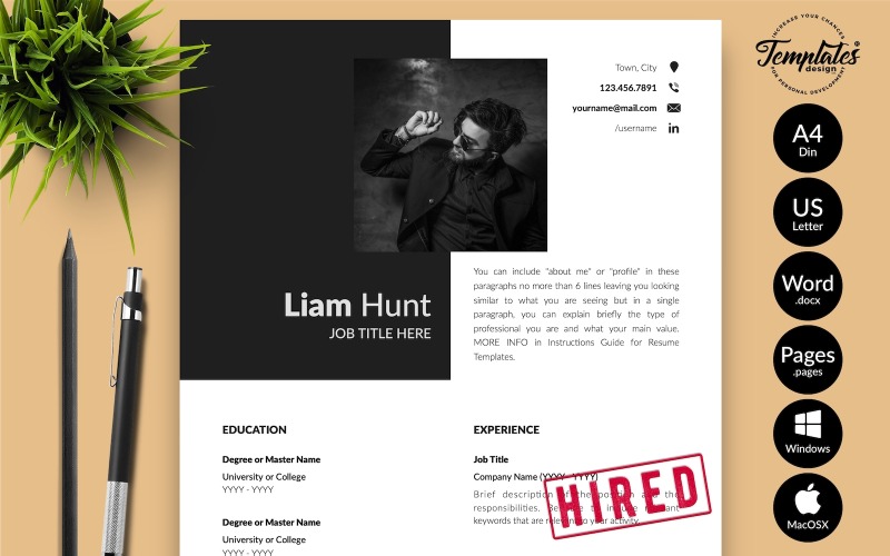 Liam Hunt - Microsoft Word ve iWork Sayfaları için Kapak Mektubu ile Modern CV Özgeçmiş Şablonu