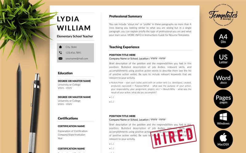 莉迪亚·威廉是微软Word和iWork Pages的教学简历的模板。