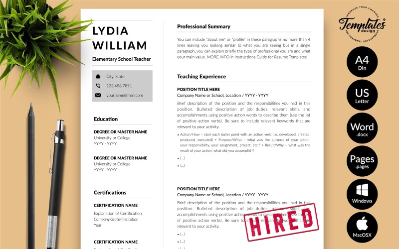 Lydia William - 带 Microsoft Word 和 iWork 页面的求职信的教师简历简历模板