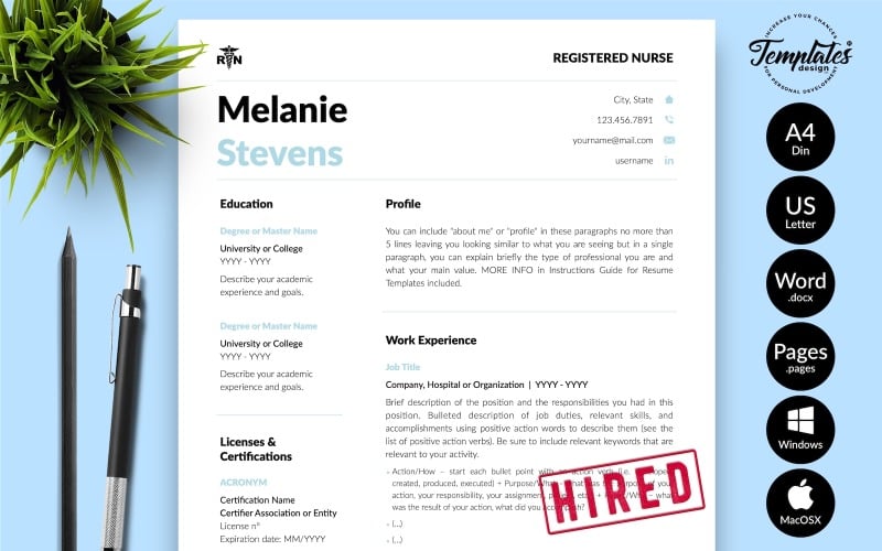 Melanie Stevens - Plantilla de currículum vitae de enfermera con carta de presentación para Microsoft Word y páginas de iWork