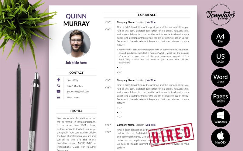 Quinn Murray - Plantilla de currículum vitae moderno con carta de presentación para páginas de Microsoft Word e iWork