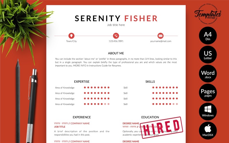Serenity Fisher - Plantilla de currículum vitae moderno con carta de presentación para páginas de Microsoft Word e iWork