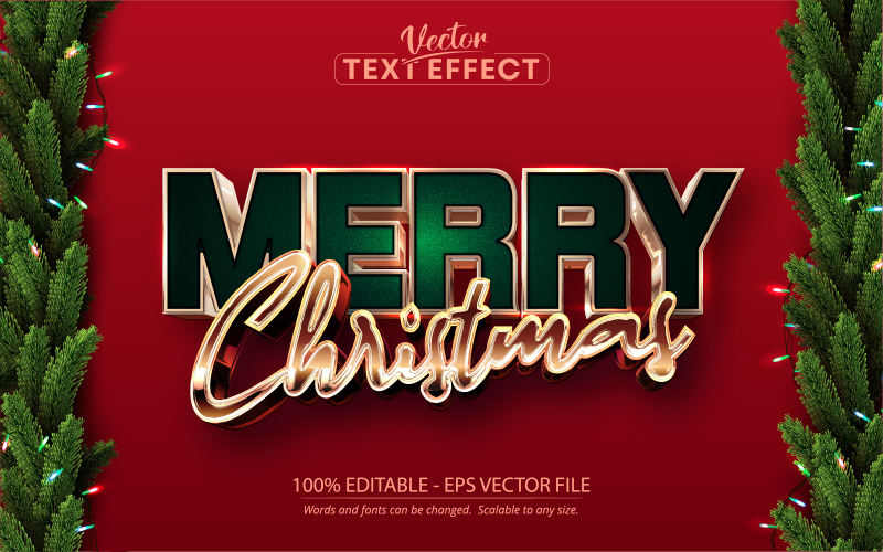 С Рождеством - золотой и зеленый цвет, редактируемый текстовый эффект, стиль шрифта, графическая иллюстрация