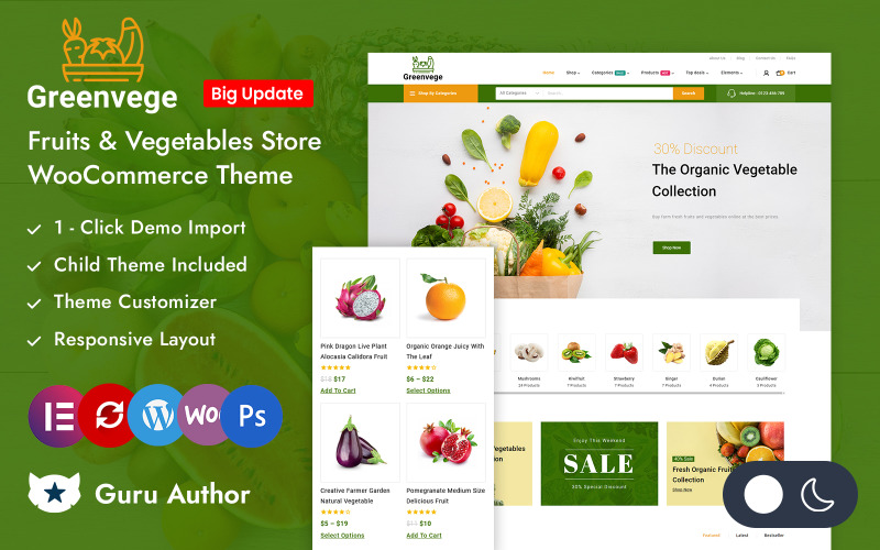 Greenvege — магазин органических фруктов и овощей Адаптивная тема Elementor WooCommerce