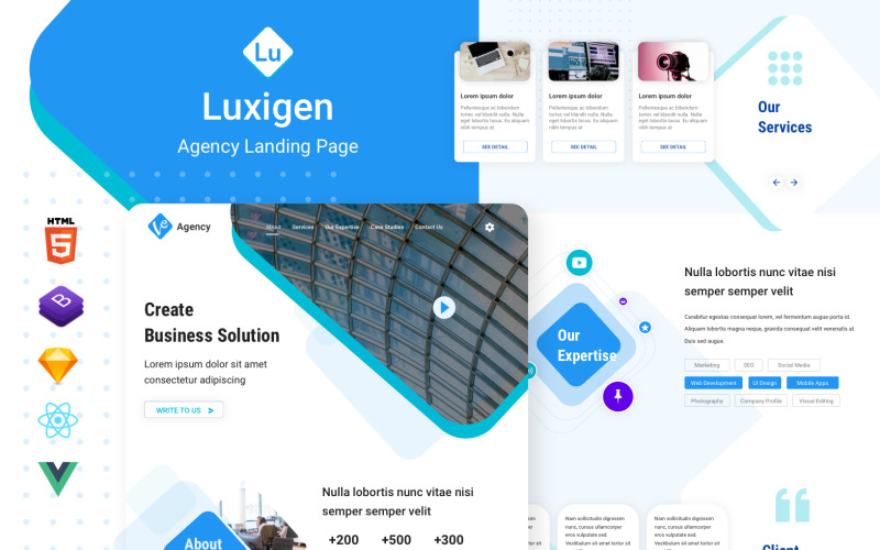 Luxigen - HTML React Paralaxa vstupní stránky agentury Vue