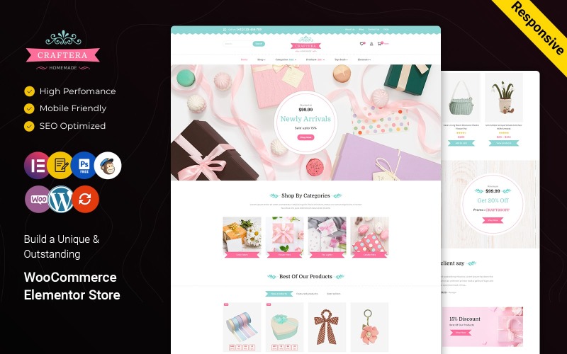Craftera – Řemesla a dárky Víceúčelové téma WooCommerce, které reaguje na Elementor