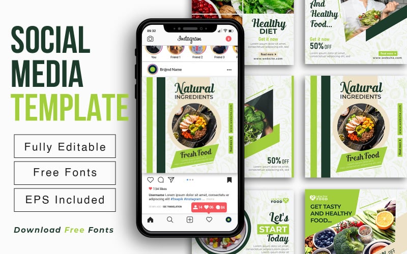 健康和天然的食品社交媒体帖子为Instagram或促销广告模板