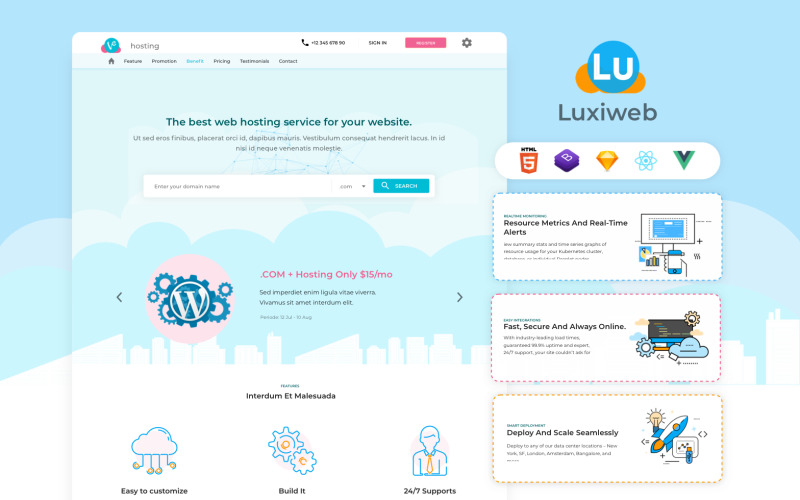Luxiweb: página de destino de alojamiento y nube con React Vue HTML5