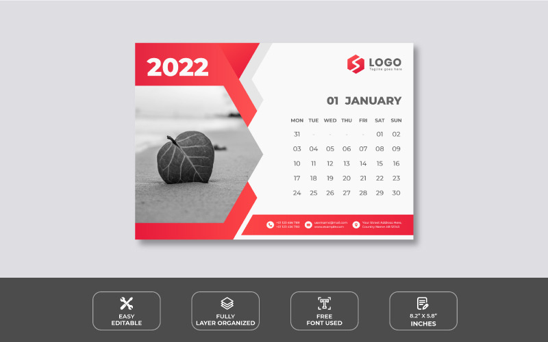 清洁红色2022桌面日历设计模板