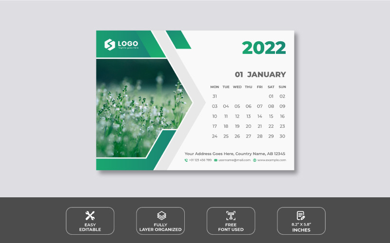 Saubere moderne Designvorlage für 2022 Tischkalender in grüner Farbe