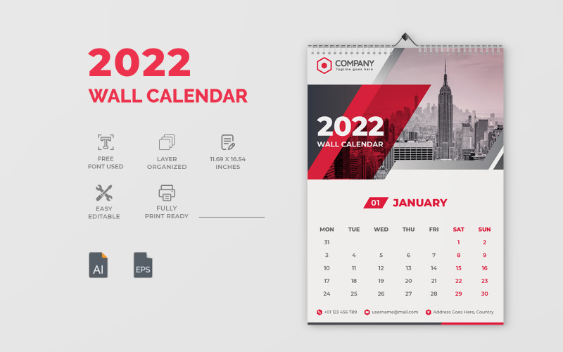 红色创意墙日历设计模板2022