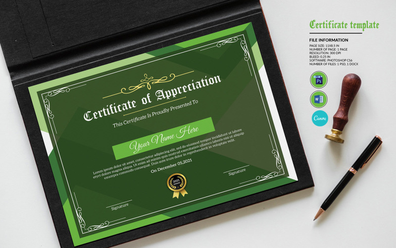 Modelo de certificado de apreciação verde. Modelo Canva, Ms Word e Photoshop