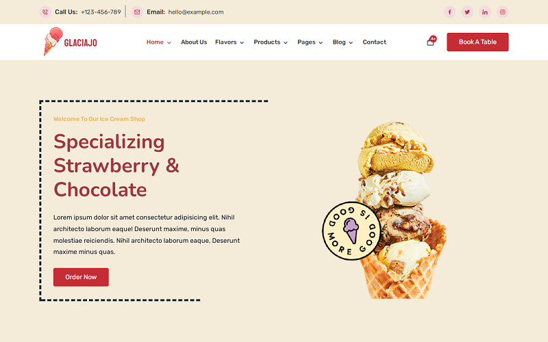 Glaciajo - Dondurma ve Çevrimiçi Gıda Mağazası e-Ticaret HTML ve Bootstrap Web Sitesi Şablonu