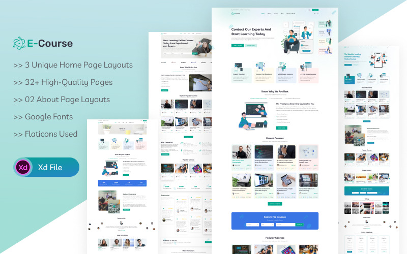 E-tanfolyam | Oktatás és online LMS UI/UX XD sablon.