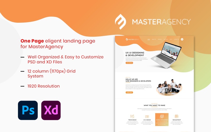 MasterAgency- Business Landing Page XD and PSD UI / UX模板
