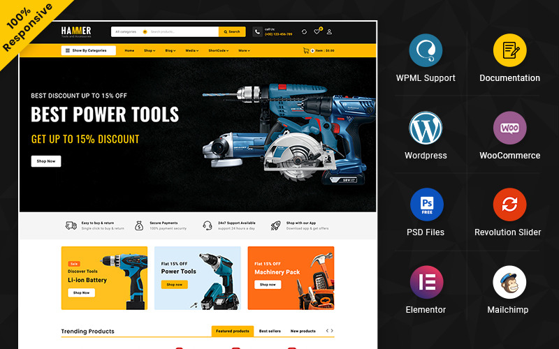 Hammer - Equipamento de ferramentas e tema Mega Super Store Elementor WooCommerce