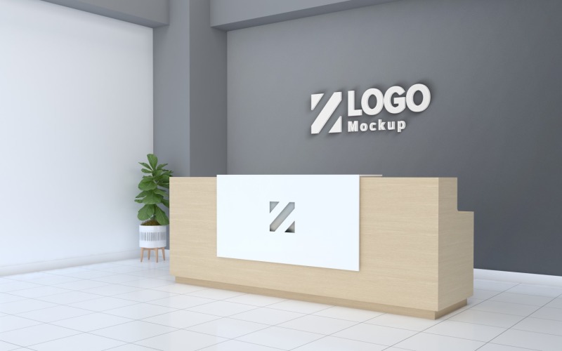 3D-weergave van een modern Hotel Logo Mockup receptie-interieur
