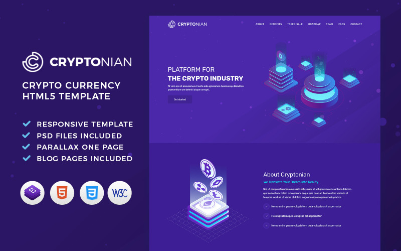 Cryptonian - HTML-mall för ICO, Bitcoin och kryptovaluta