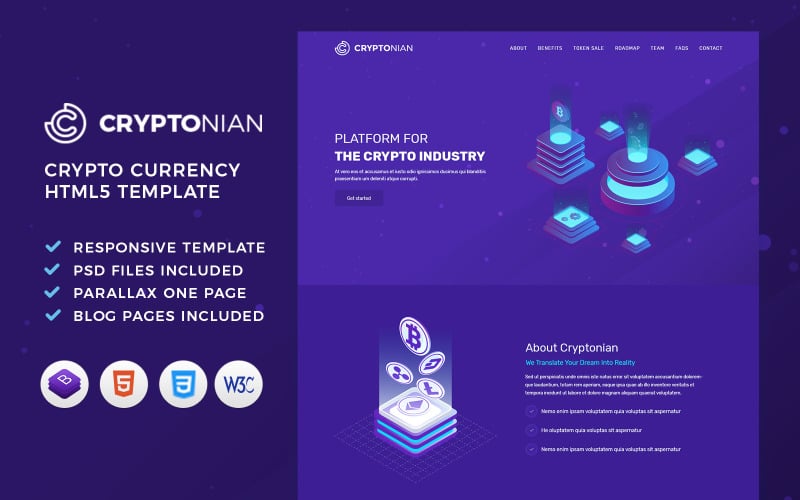 Cryptonian - ICO，比特币和加密货币HTML模板