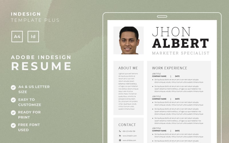 Plantilla de currículum vitae + carta de presentación de Adobe InDesign de 3 páginas