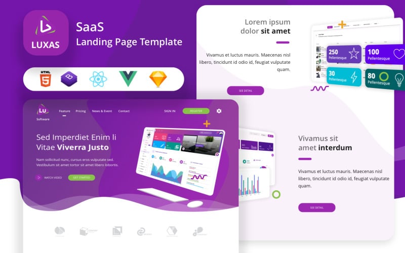 Luxas - HTML React Vue Sketch IT i szablon Landing Page szablon SaaS