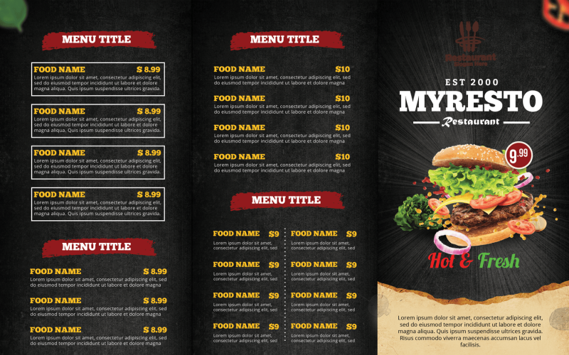 TRIFOLD MENU: Fast Food ekskluzywne Trifold Food Menu