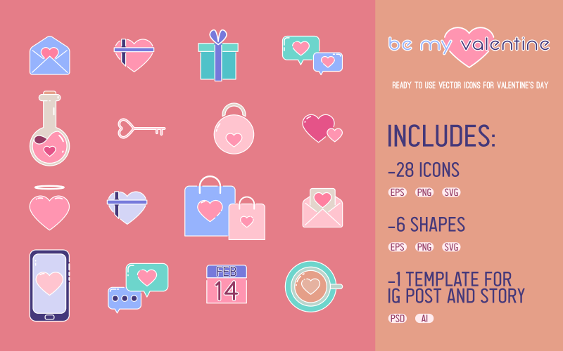 Be My Valentine - Icônes vectorielles prêtes à l'emploi pour la Saint-Valentin