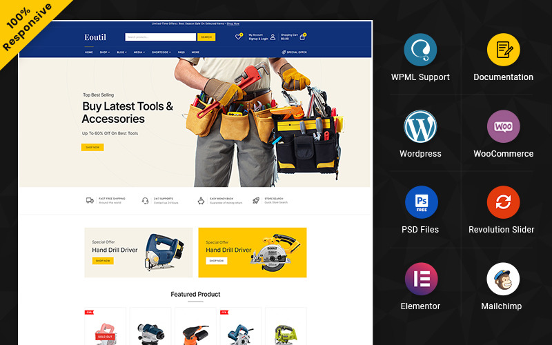 Eoutil - 工具和大型商店 Elementor WooCommerce 主题